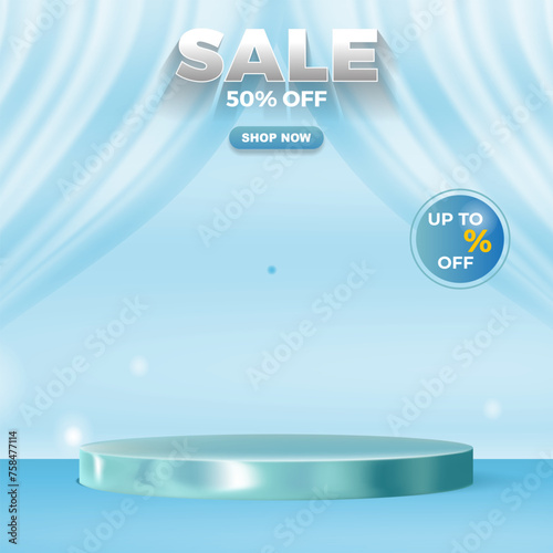 sale discount template banner with blank space 3d podium for product sale with abstract gradient blue and white background design