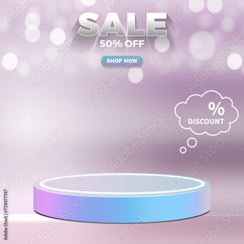 sale discount template banner with blank space 3d podium for product sale with abstract gradient purple and white background design