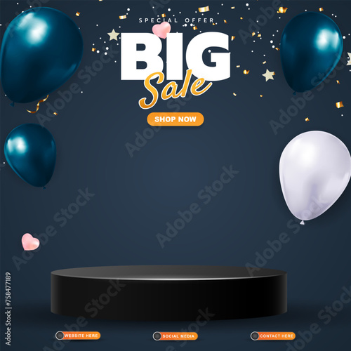 special offer big sale discount template banner with blank space 3d podium for product sale with abstract gradient blue and black background design1