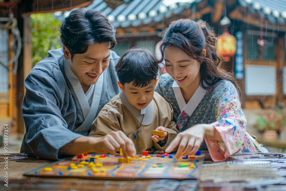 Fototapeta premium Family Enjoying Traditional Board Game in Hanbok Dresses Indoors, Asian Culture Togetherness