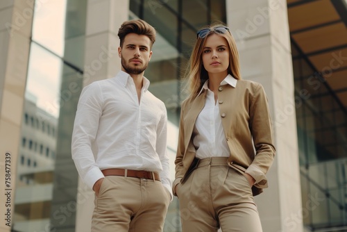 portrait of a couple entrepreneurs with brown suit