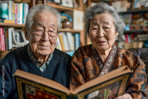 Senior Japanese Couple Together Enjoying Precious Memories Looking Through Old Photo Album at Home