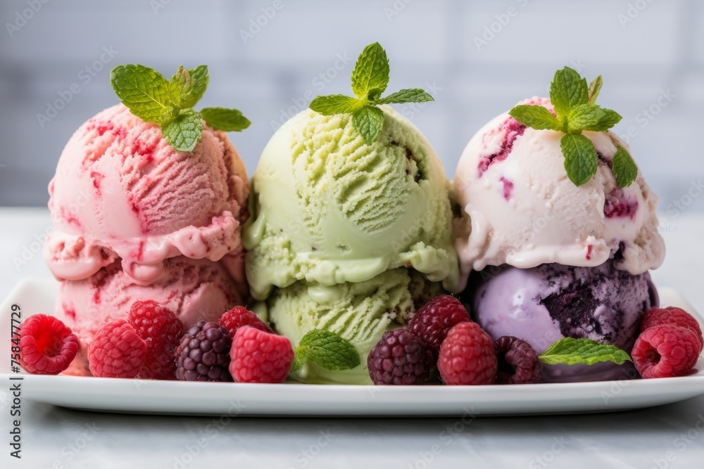 Assorted ice cream scoops of different flavours with fresh mint and raspberry on light background