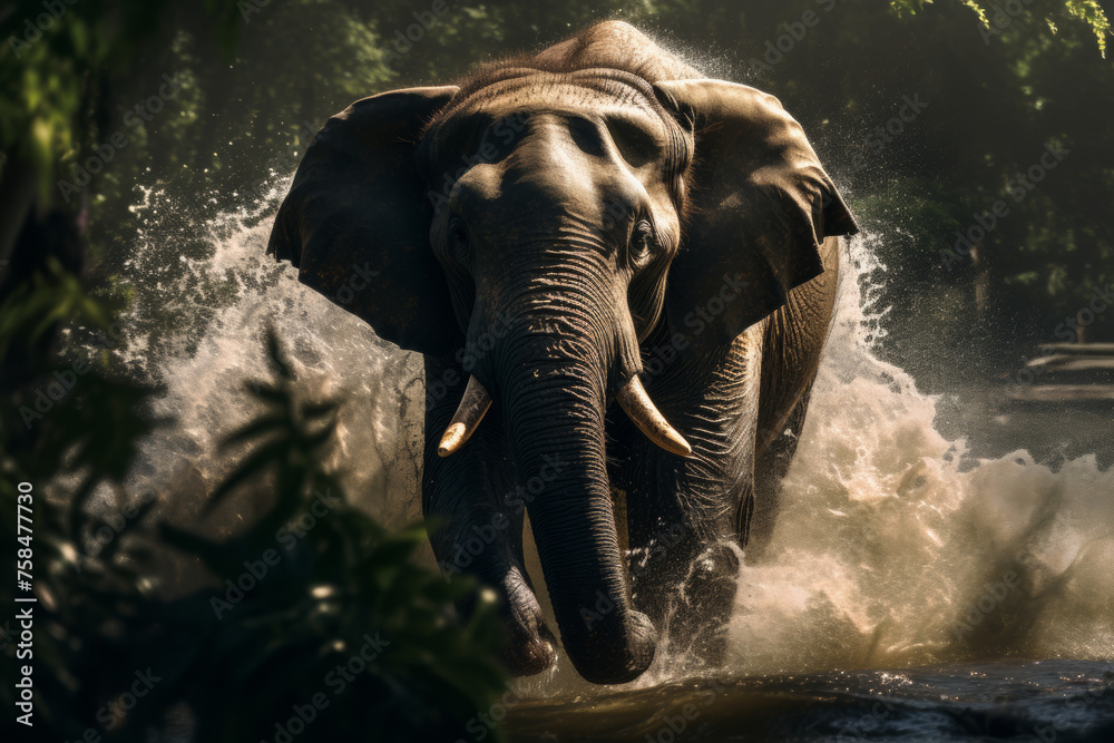 Fototapeta premium Majestic Charge: The Powerful Presence of an Elephant Amidst River Rapids at Dusk