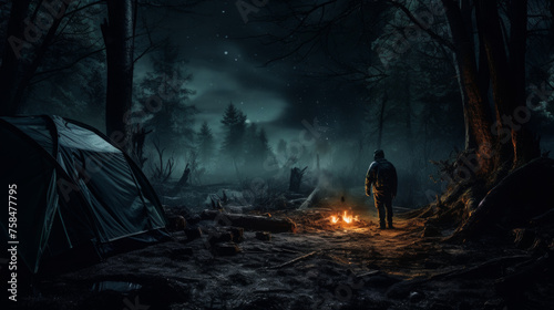 Midnight in the Wilderness: Embracing Solitude and Mystery by the Campfire in the Enigmatic Forest