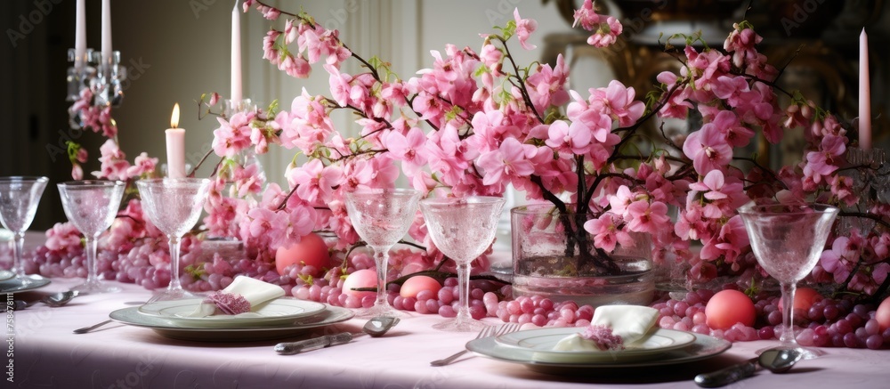 A beautiful table is set with plates, glasses, candles, and pink flowers. The pink petals contrast against the green plants and create a elegant atmosphere for a special event A beautiful table is set with plates, glasses, candles, and pink flowers. The pink petals contrast against the green plants and create a elegant atmosphere for a special event