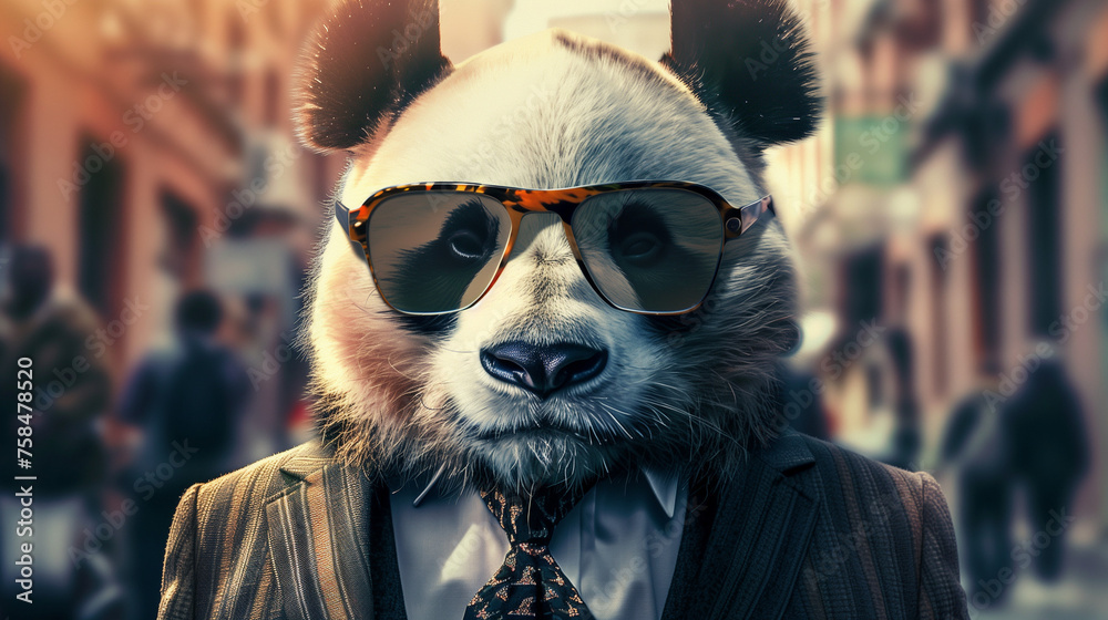 close up of a panda portrait wearing sunglassesand suit with blur backdrops close up of a panda portrait wearing sunglassesand suit with blur backdrops