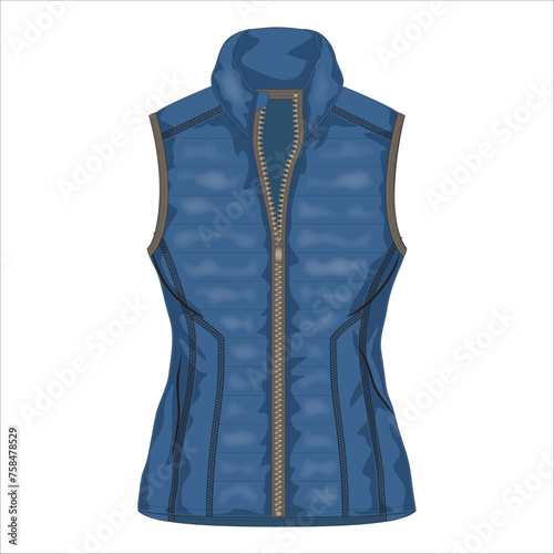 vest navy sleeveless with zipped.puffer winter.Vector technical sketch.Puffer Vest technical fashion Illustration