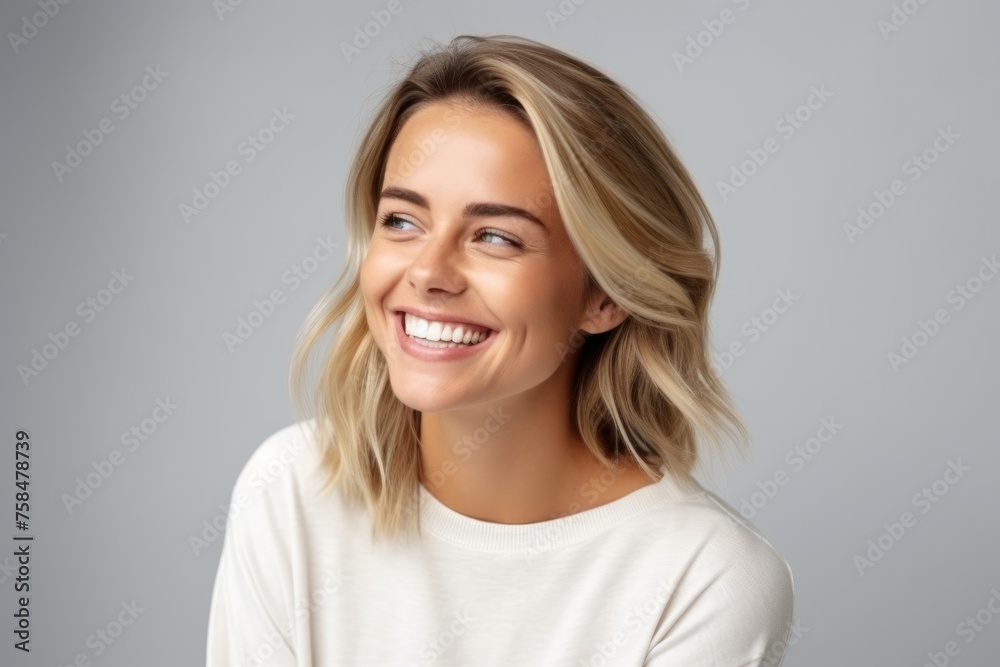 Portrait of a happy young woman smiling, over grey background. Portrait of a happy young woman smiling, over grey background.