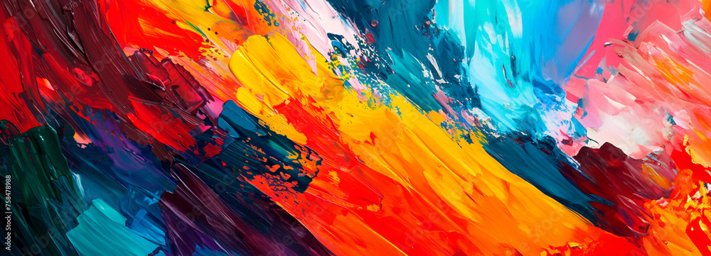 Energetic abstract painting with bold red and blue strokes contrasted by bright yellows.