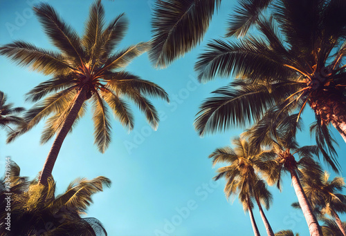 Summer background. Low angle view of tropical palm trees over clear blue sky stock photoPalm Tree Beach Summer Backgrounds Coconut Palm Tree © mohamedwafi