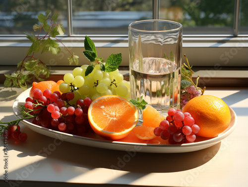 A glass tray with fruits created with Generative Ai