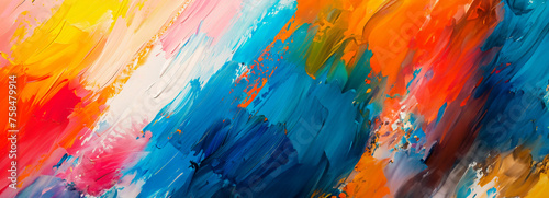 An abstract artwork with vibrant swathes of yellow and orange flowing into cool blues, symbolizing a fusion of warmth and calm. photo