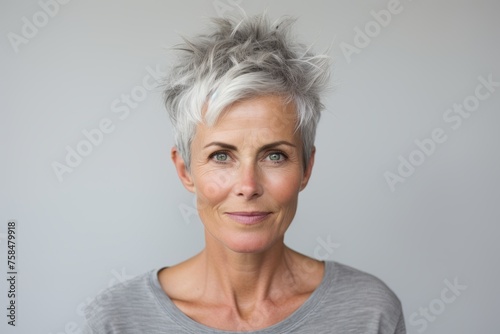 Portrait of mature woman with short grey hair against grey background.