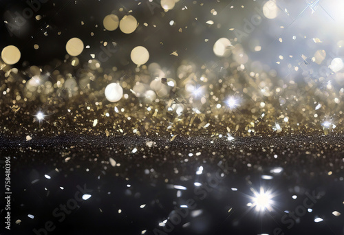 Waving golden glitter and confetti stock photoGold - Metal Glittering Gold Colored Glitter Black Color