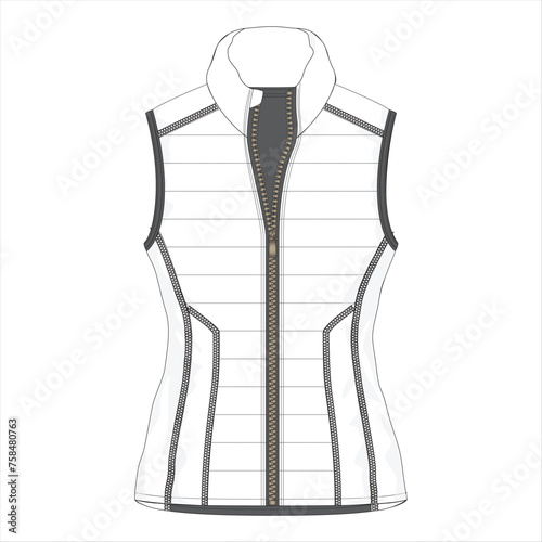 vest sleeveless with zipped.puffer winter.Vector technical sketch.Puffer Vest technical fashion Illustration
