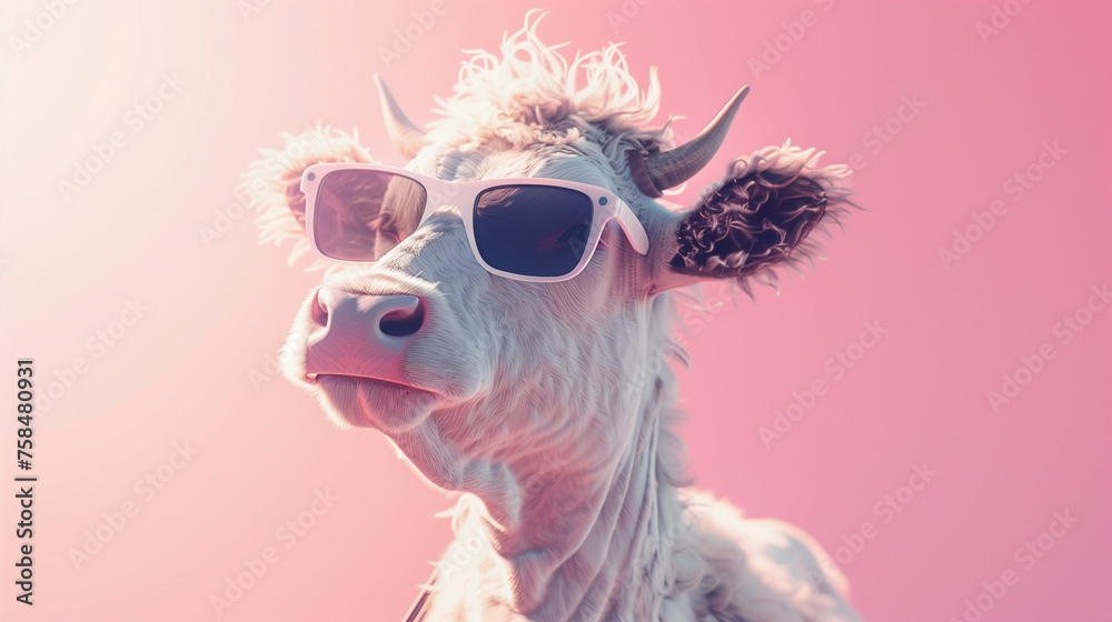 close up of a cow portrait wearing sunglasses with pink backdrops