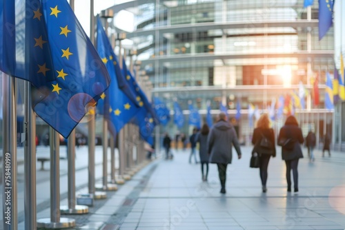 EU flags at modern office building with people photo