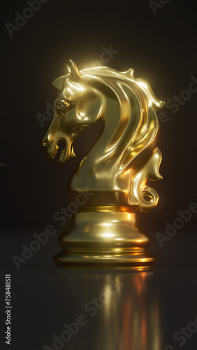 Gold Chess knight on black background.3D illustration.