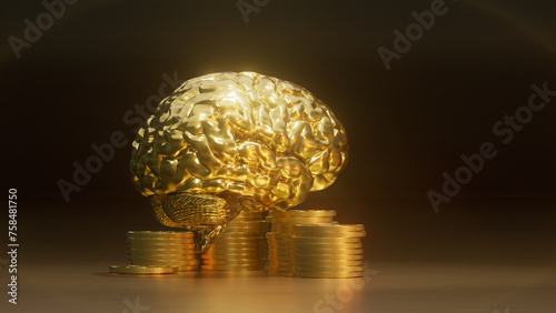 golden brain and gold coin stacks. 3D illustration.
