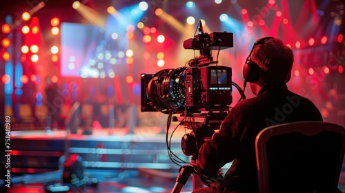 A camera man sits with a huge television camera and films a show on stage..