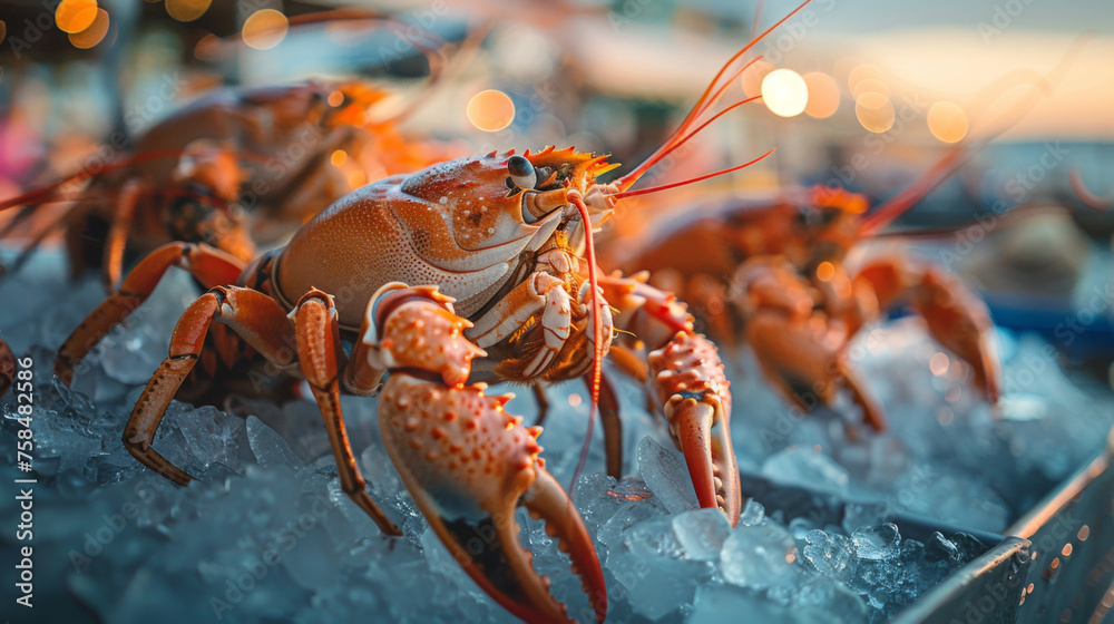 A succulent crab chilled on ice, ready for sale at a vibrant seafood market. A succulent crab chilled on ice, ready for sale at a vibrant seafood market.