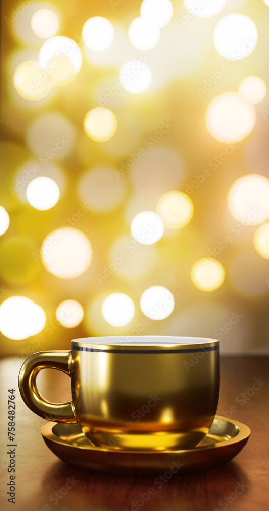 Gold coffee cup on wooden board.3D illustration. Gold coffee cup on wooden board.3D illustration.
