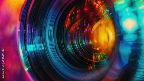 Close up of camera lens, vivid colors, depth of field..