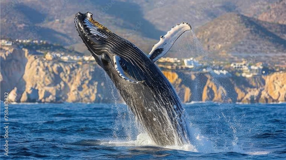 Fototapeta premium Jumping humpback whale over water..