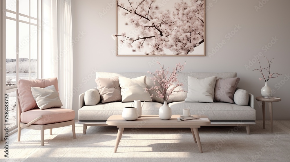 Modern sophisticated living room interior composition inspired with scandinavian elegance  - obrazy, fototapety, plakaty 
