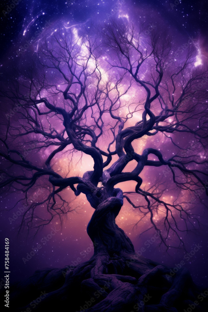 Fototapeta premium Mystical Tree Silhouette Against Cosmic Starry Sky