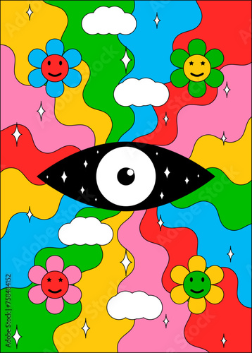 Vibrant 70s retro psychedelic illustration background