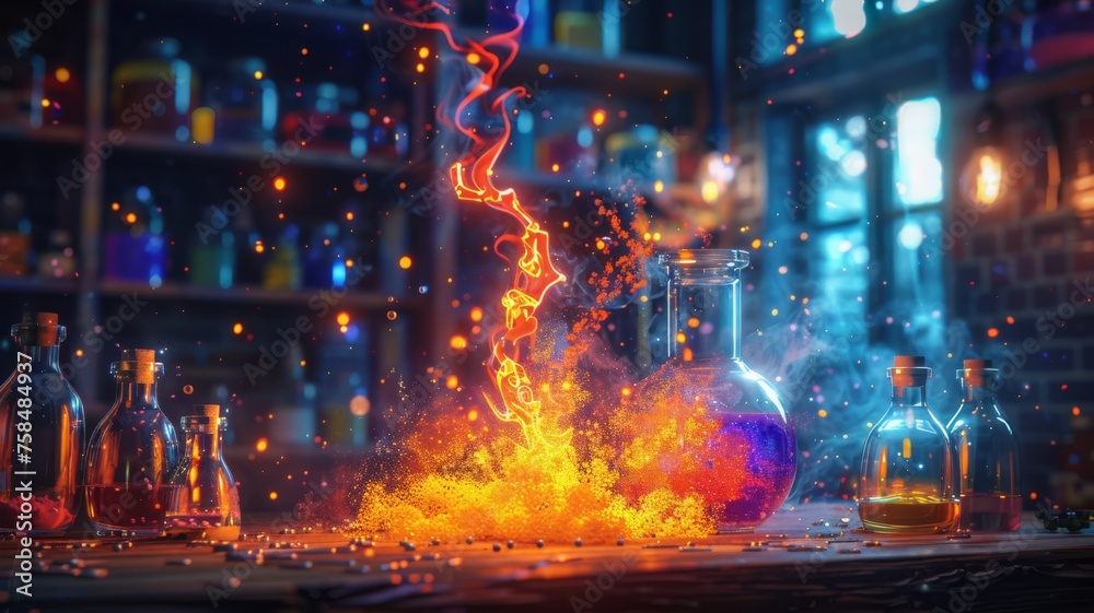 A magical potion lab explosion, vibrant cartoon 3D