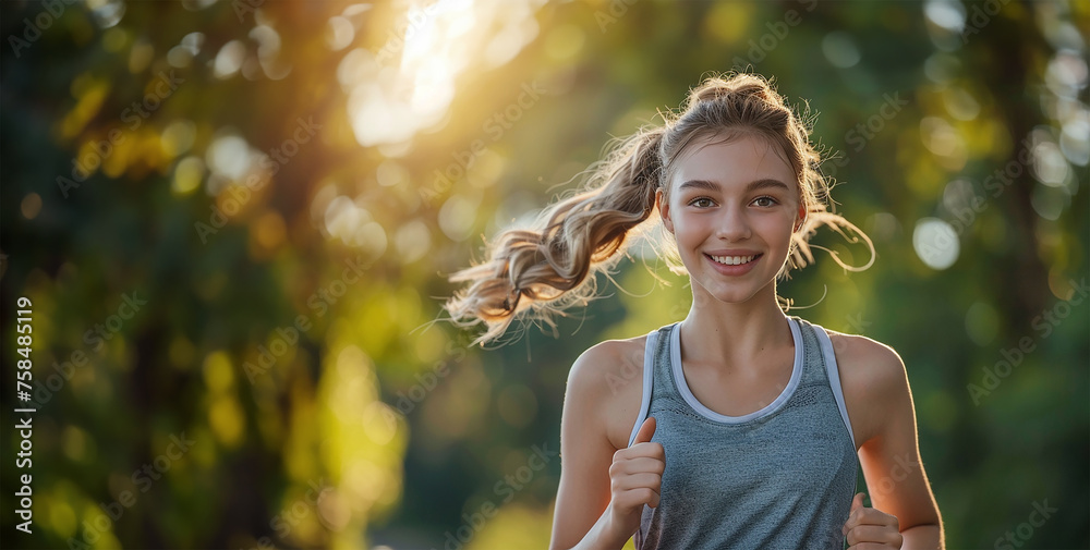 Cheerful jogger embracing outdoor fitness - obrazy, fototapety, plakaty 