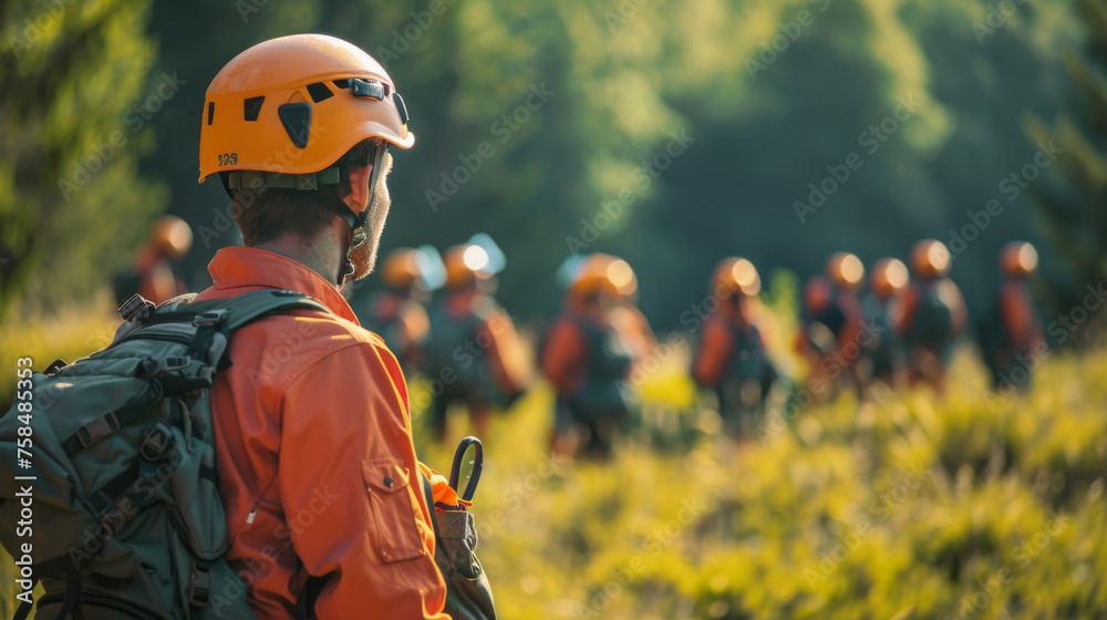 adventurers in orange helmets preparing for a forest hike at dusk. adventurers in orange helmets preparing for a forest hike at dusk.