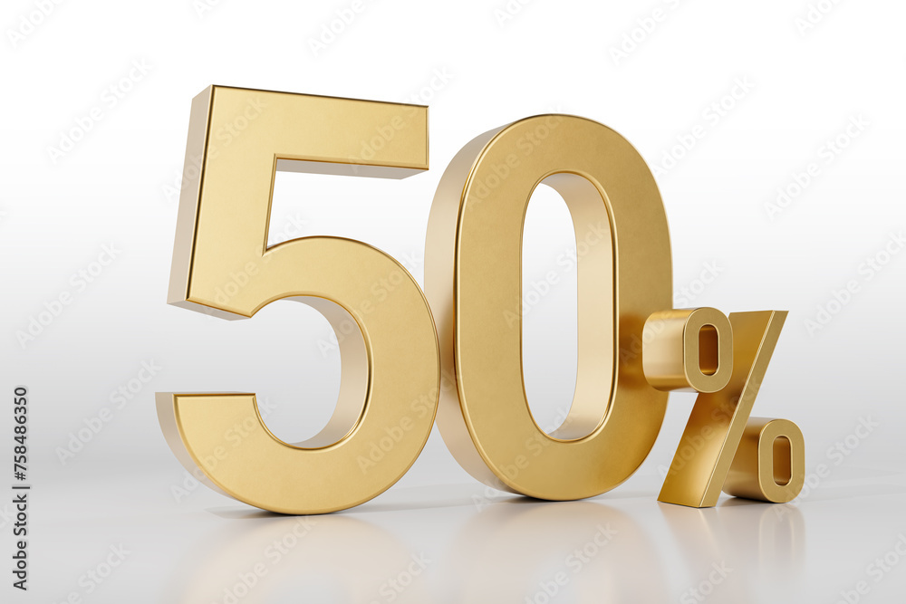 50% off on sale. Gold percent isolated on white background. 3d rendering. Illustration for advertising. 50% off on sale. Gold percent isolated on white background. 3d rendering. Illustration for advertising.