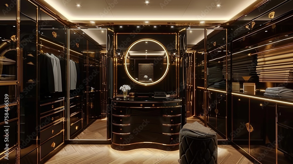A glamorous dressing room featuring a black lacquer vanity table with a gold-framed mirror, surrounded by custom-built wardrobe cabinets with gold trim. - obrazy, fototapety, plakaty 