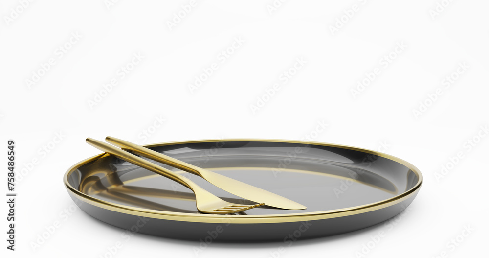 Gold tableware isolated on white background. 3D illustration. Gold tableware isolated on white background. 3D illustration.
