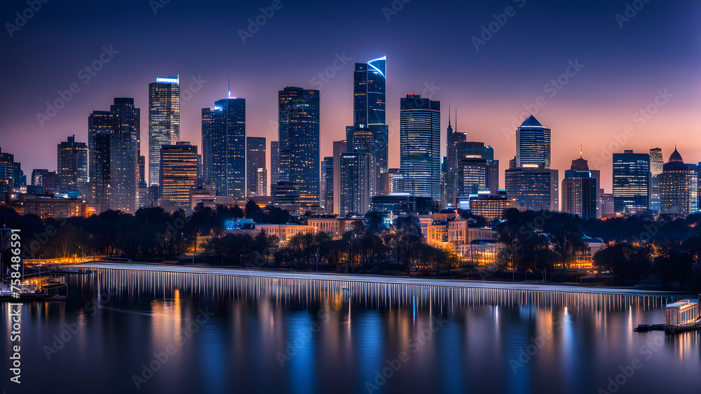 Fototapeta premium Beautiful city skyline night view with bright lights 