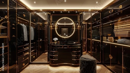 A glamorous dressing room featuring a black lacquer vanity table with a gold-framed mirror, surrounded by custom-built wardrobe cabinets with gold trim. photo