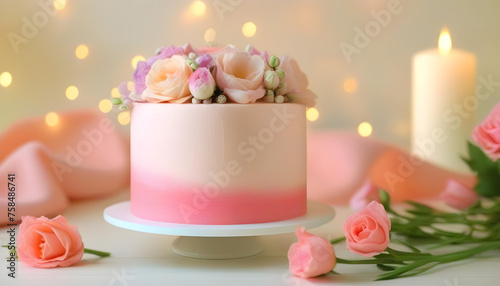 A close-up of a pink and white cake with pink flowers as decoration