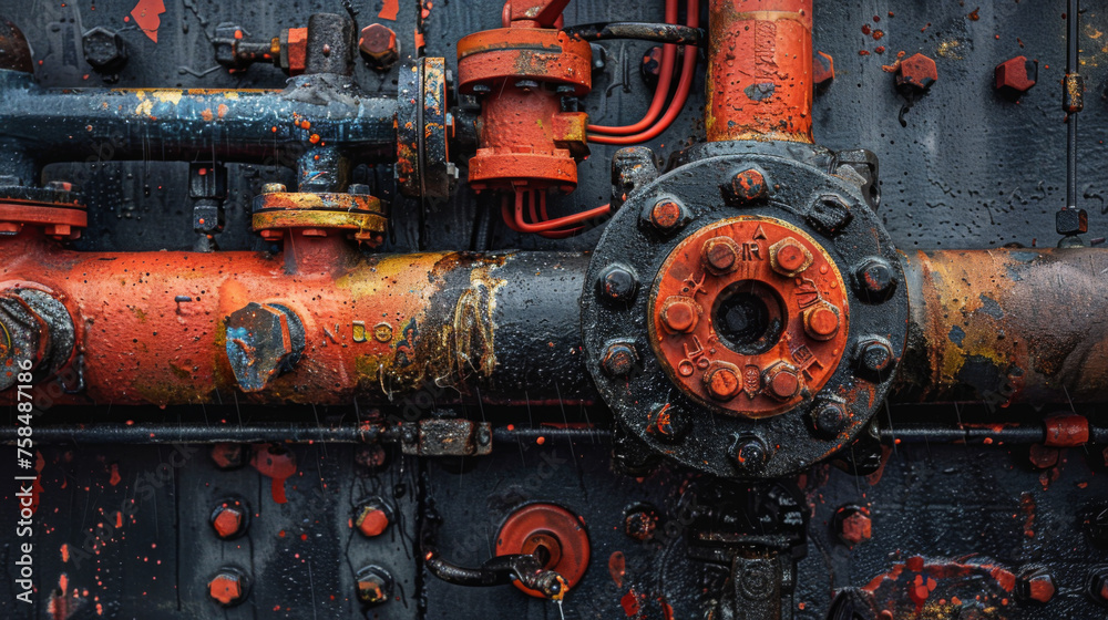 Close-up of rusted valves and pipes, depicting industrial decay and the passage of time.