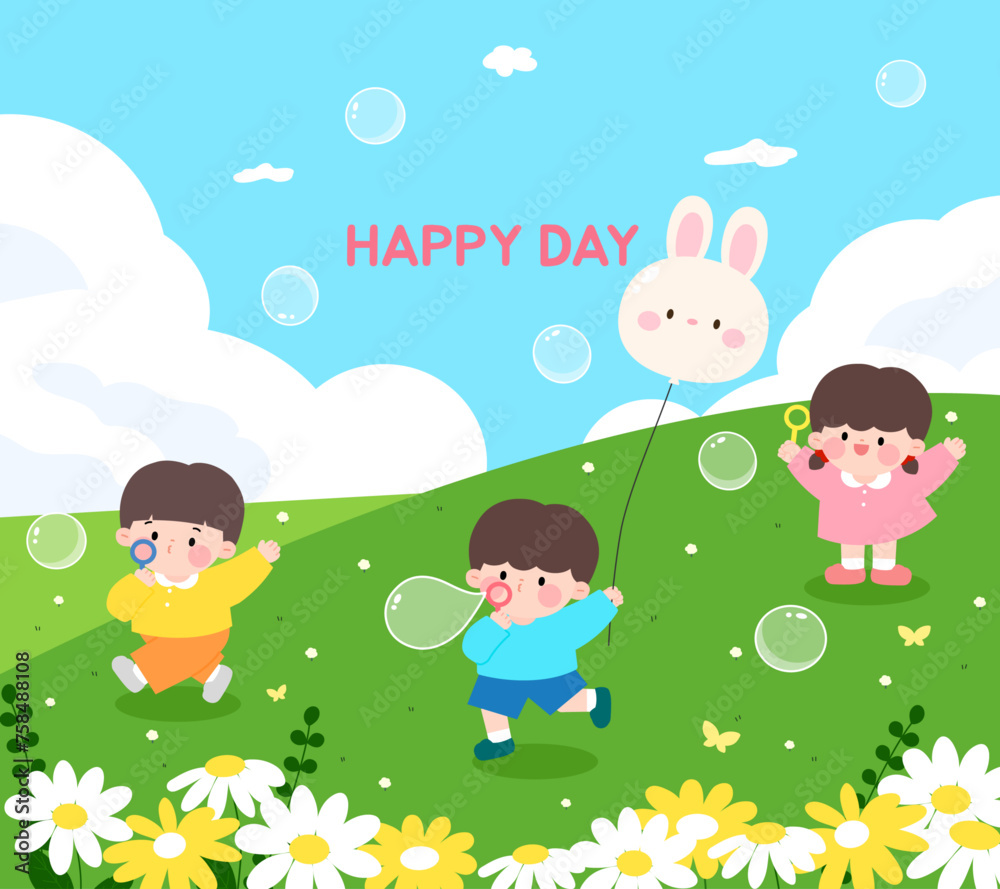 A template of children playing with soap bubbles