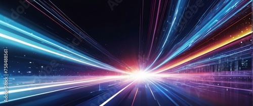 Abstract blue background with glowing rays suggesting energy and movement in space