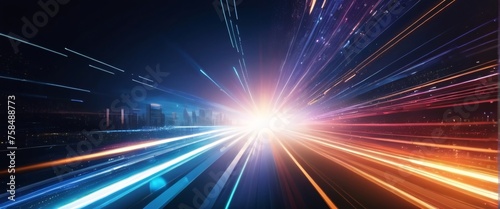 Abstract blue background with glowing rays suggesting energy and movement in space