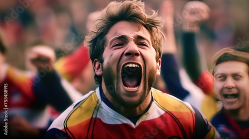 Rugby player happy and screaming during the match