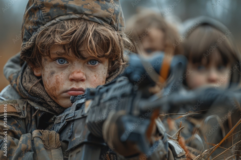 Cinematic shot of a group of five-year-old children in military uniforms playing on backyard setting, holding in hands guns and rifles, engaging in a fictitious military operation. Childhood concept