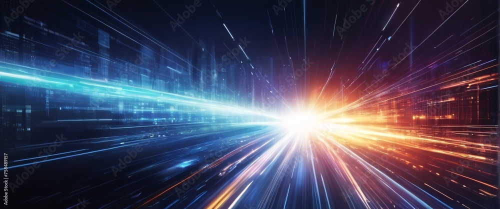 Abstract blue background with glowing rays suggesting energy and movement in space