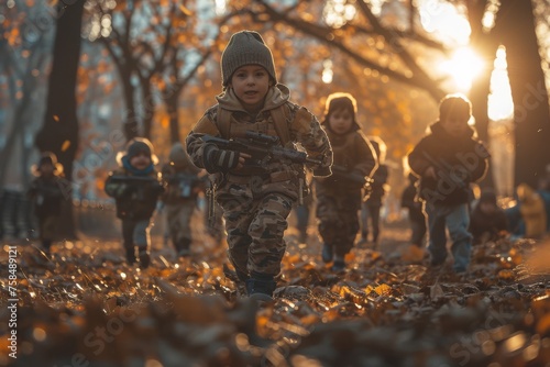 Squad of young kids, aged five, wearing camouflage gear and holding toy guns as they navigate through a makeshift obstacle course in a park, engaging in a fictitious military operation photo