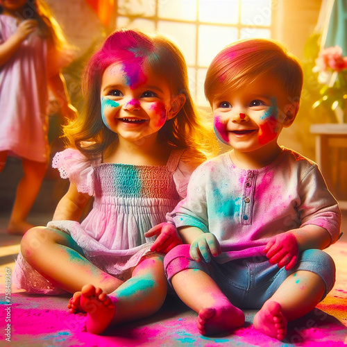 Cute Sister and Brother are Playing With Powder Multicolor in Holi Festival